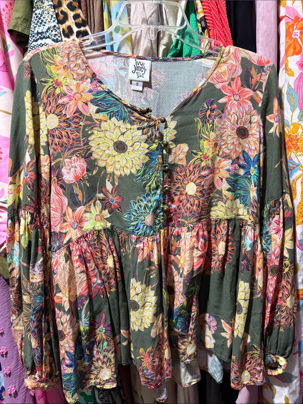 ivy jane Olive Floral Peasant Tunic with Multicolor Blooms